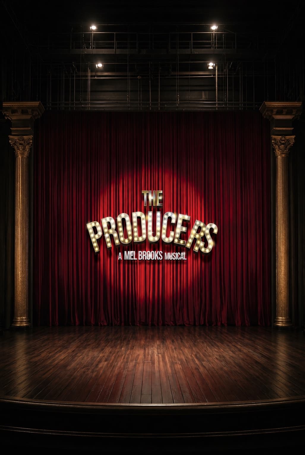 The Producers China Tour artwork — red curtains, illuminated marquee letters