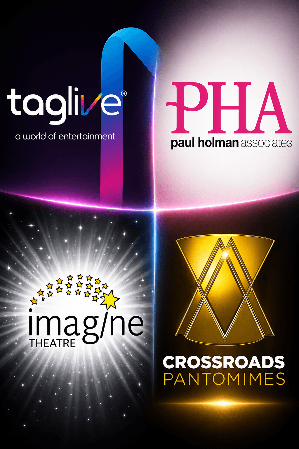 Composite of pantomime production company logos — Imagine Theatre, Crossroads Pantomimes, PHA, TAG Live