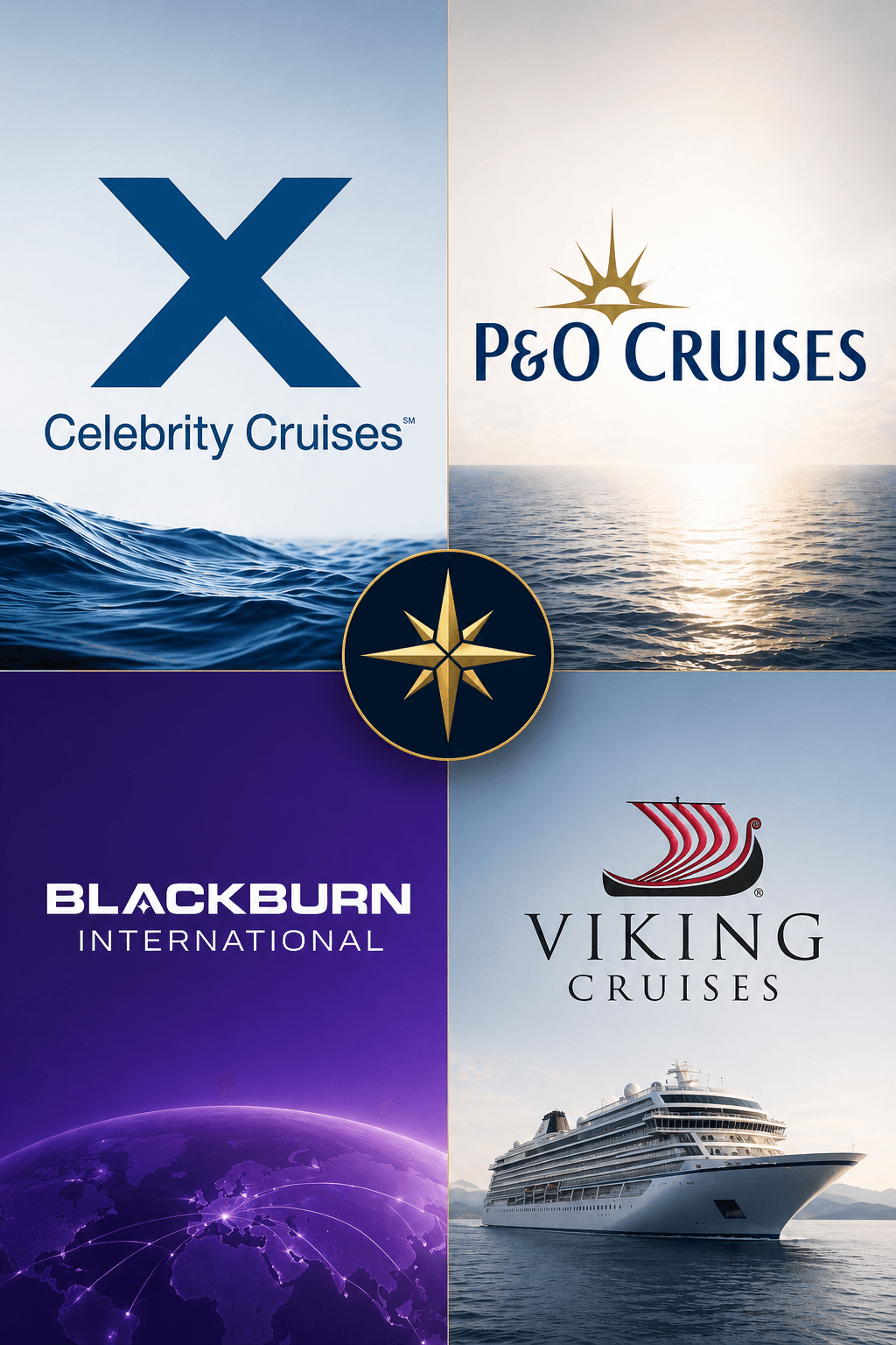 Composite of cruise line and production company logos — Celebrity, P&O, Blackburn International, Viking